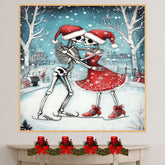 Whimsical Skeleton Couple Ice Skating Christmas Art – Gothic Holiday Romance Wall Print, Festive Skeleton Love in Red Santa Hats, Spooky Cute Winter Decor on Ready to Hang 1.5" Thick Canvas Wrap, Floating Framed Canvas, Flat Rolled Canvas